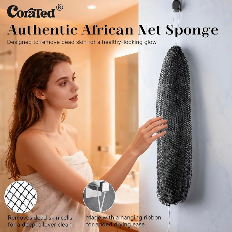 CORATED African Net Sponge Authentic, Shower Net with Knots Loofah Exfoliating Bath Sponge, Body Scrubber for Women Daily Use Body Care, Travel Portable Bath Accessories for Bathroom (Black & Grey) - Image 2